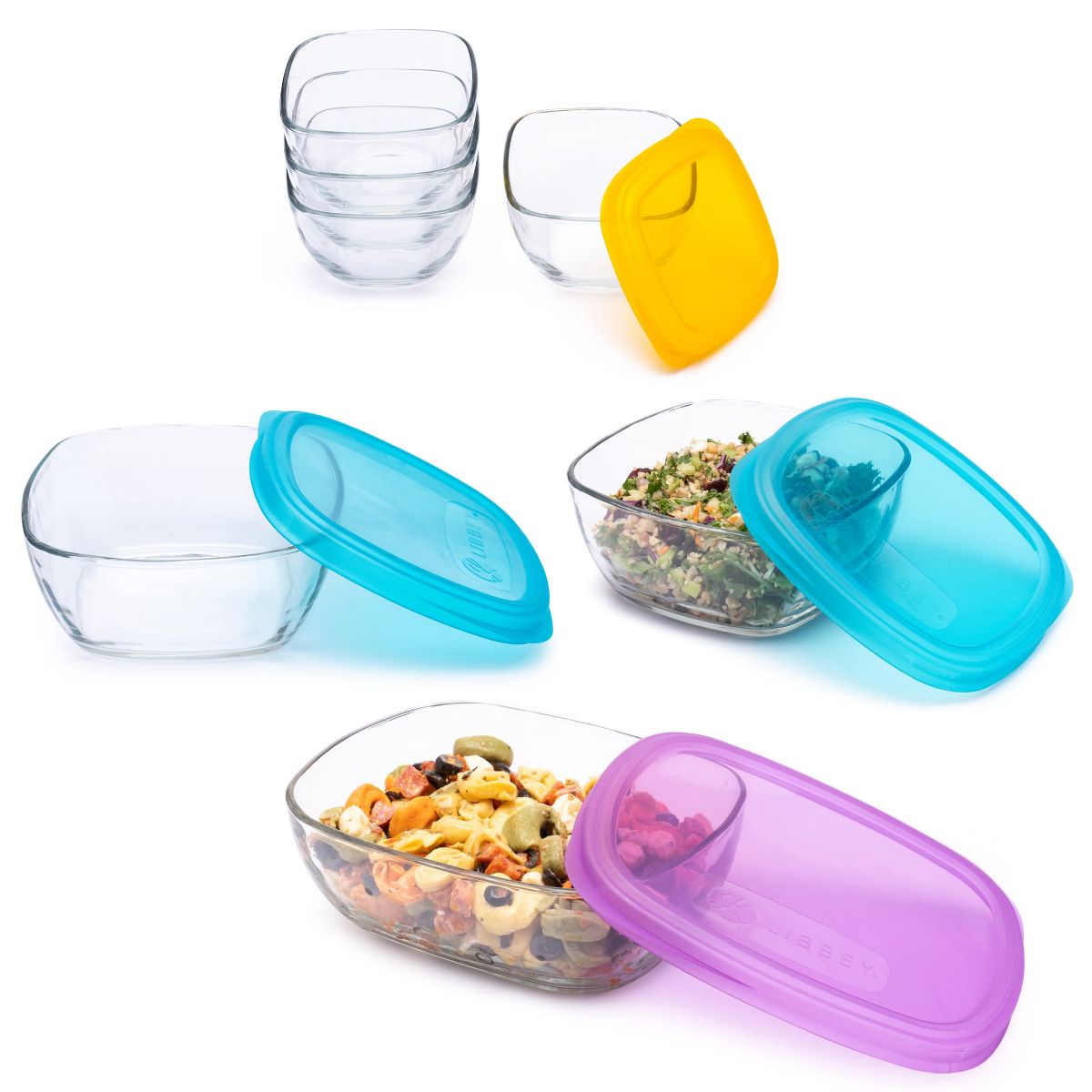 Libbey Serve It 14 Piece Glass Storage Container Set with 2 Cup, 6 Cup, and 8 Cup Bowls and Multi Color Lids