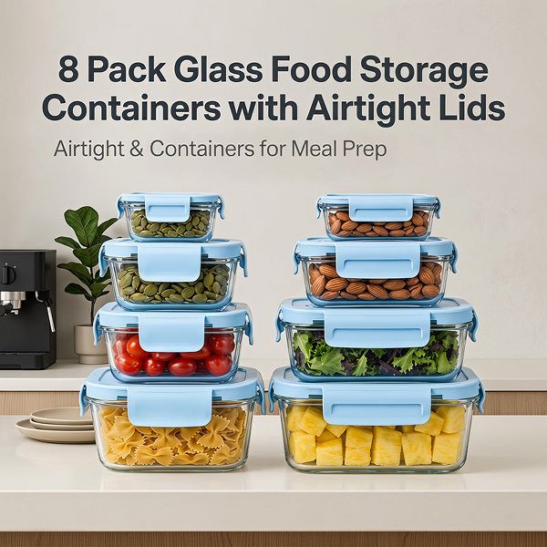 AEELLEEA 8 Pack BPA Free Airtight Glass Meal Prep Containers, Microwave Freezer Dishwasher Safe Office Food Lunch Storage Boxes