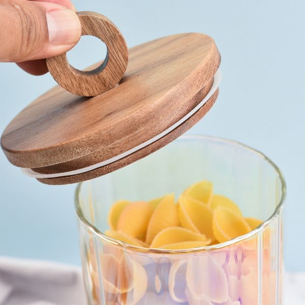 SharpChef 2PK Glass Airtight Electroplated Storage Jar with Wooden Acacia Lid, Glass Food Storage Jars, 37 oz / 1.1 L / 5 cups