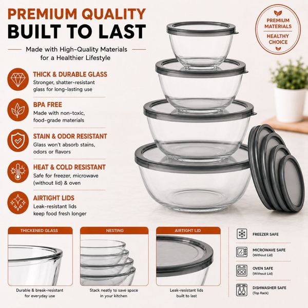 Sorbus 4-Piece Glass Bowl Set with Airtight Plastic Lids – Nesting Mixing & Storage Bowls, BPA-Free, Microwave, Dishwasher & Freezer Safe