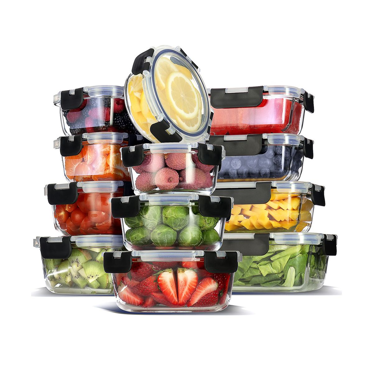 JoyTable 12-Pack Glass Food Storage Containers with Lids, Reusable Glass Food Containers with Leakproof Snap Lock Lids