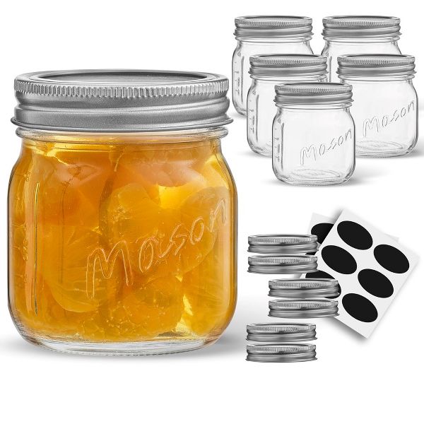 JoyJolt Regular Mason Jars with Airtight Lids, Labels and Measures - 8 oz - Set of 6