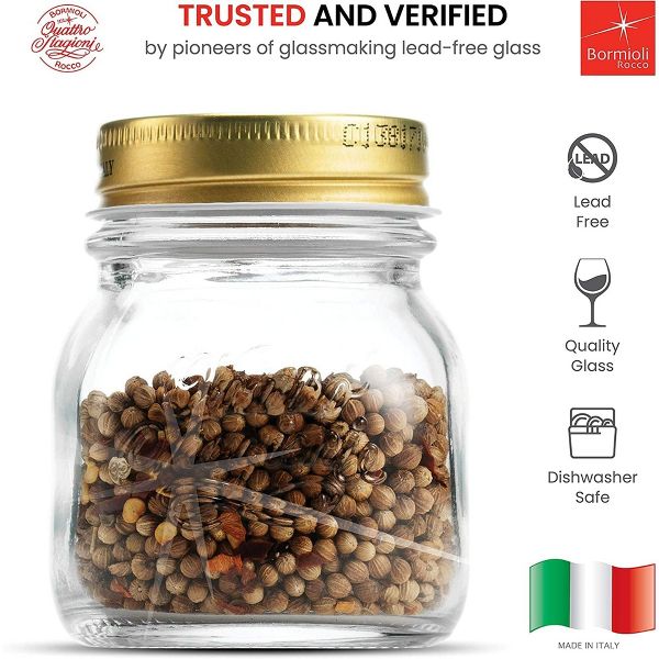 Bormioli Rocco Quattro Stagioni 5 oz Glass Preserving Jar Set of 4, Wide‑Mouth Twist‑Top Canister w/ Airtight Seal, Made in Italy, BPA‑Free