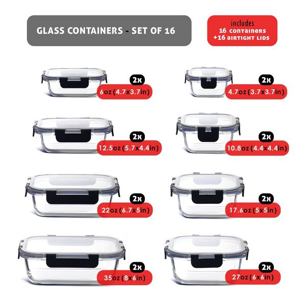 JoyTable Glass Food Storage Containers with Lids, 16PC Airtight Glass Meal Prep Containers, 8 Reusable Glass Containers with Leakproof Snap Lock Lids