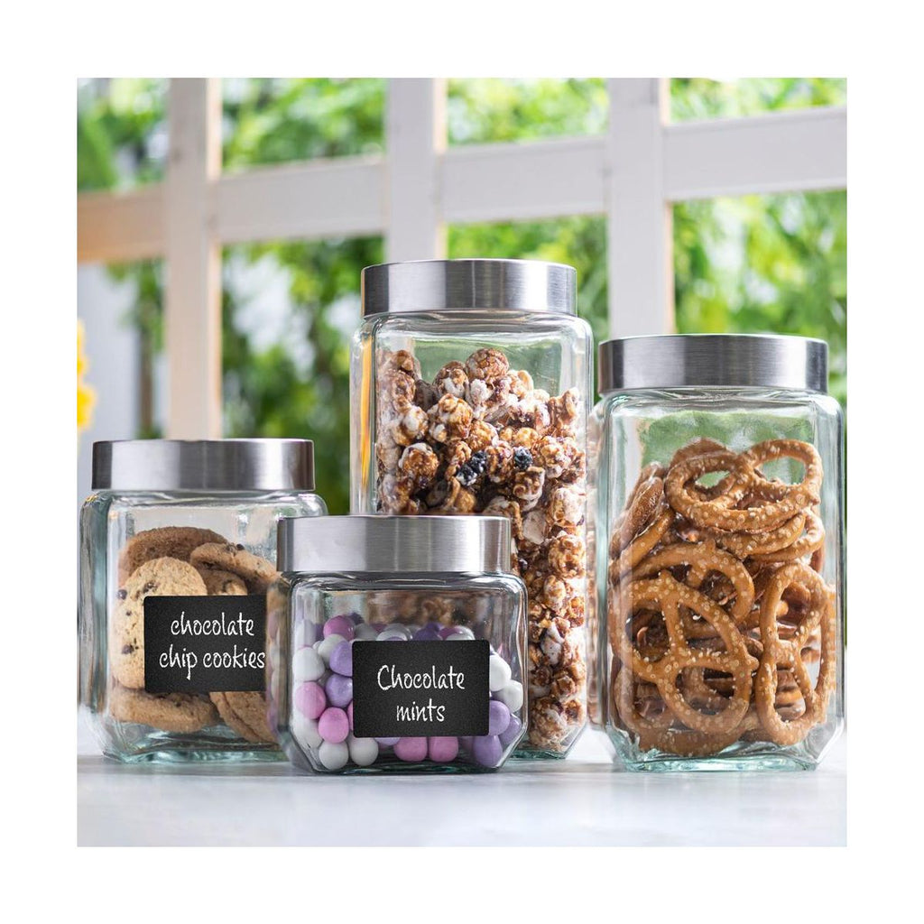 Le'raze 4pc Square Glass Cookie Jars with Airtight Lids + Marker & Labels