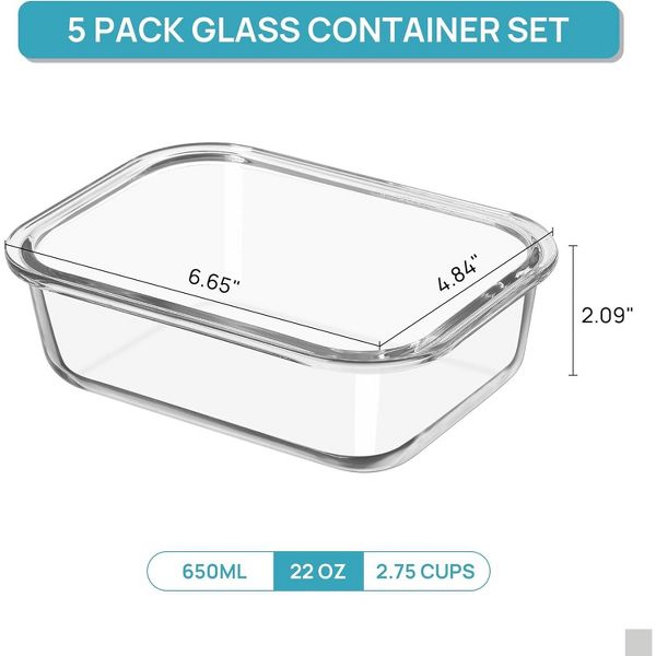 Vtopmart 5Pack 22oz Glass Meal Prep Glass Storage Food Container Sets with Snap Airtight Lids for Microwave, Oven, Freezer and Dishwasher