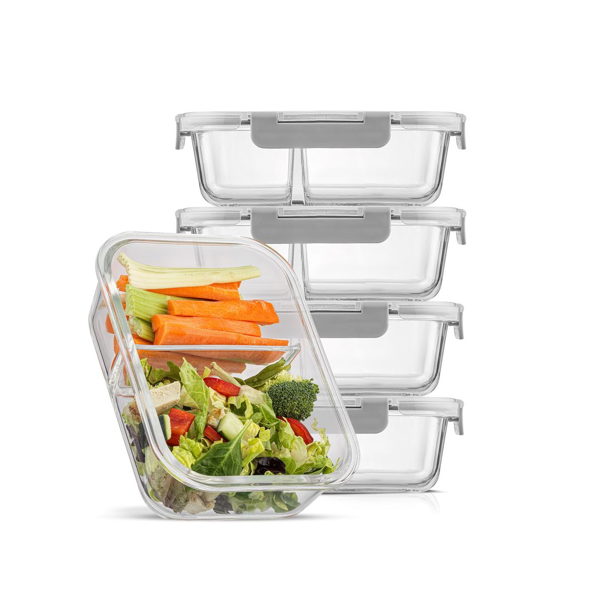 JoyJolt 2-Sectional Divided Food Prep Food Storage Containers with Lids - Set of 5 - Black