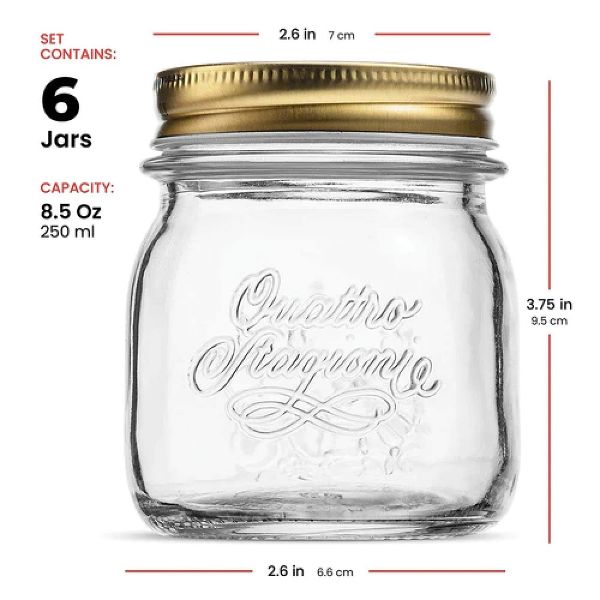 Bormioli Rocco Quattro Stagioni 17oz Glass Preserving Jars, Set of 6 - Wide Mouth Airtight, Twist Top Mason Jars