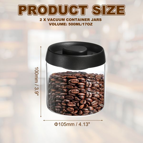 Unique Bargains Glass Airtight Vacuum Seal Coffee Bean Containers 17oz 2 Pcs Black