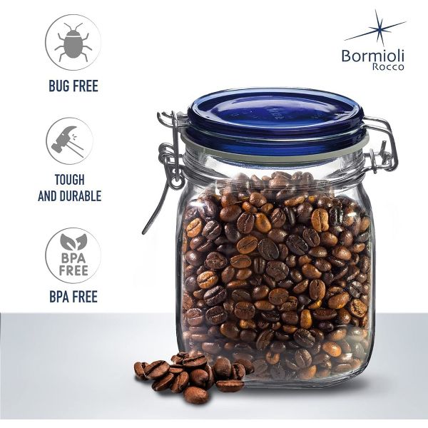 Bormioli Rocco 25.25oz Fido Glass Storage Jar Blue Lid - Airtight Clamp Seal, Italian Made Glass