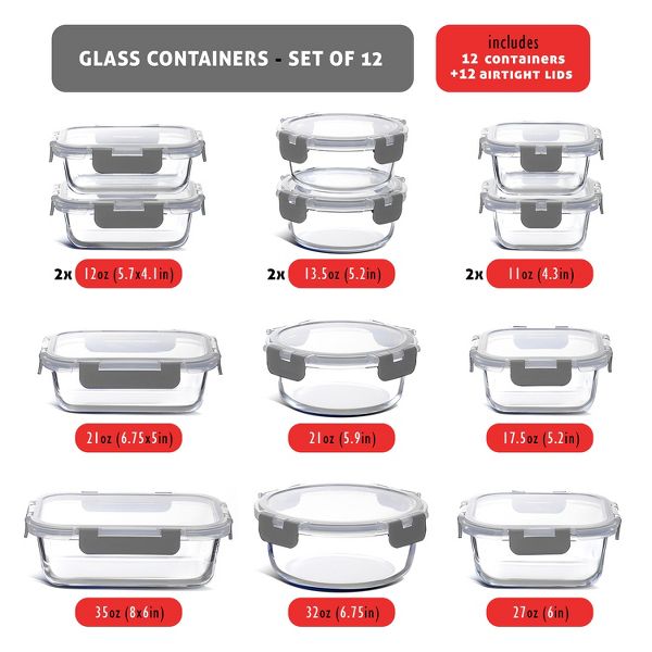 JoyTable 12-Pack Glass Food Storage Containers with Lids, Reusable Glass Food Containers with Leakproof Snap Lock Lids