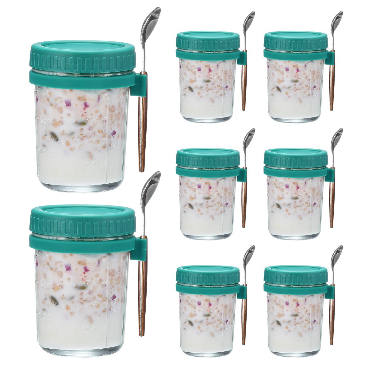 Unique Bargains Leak-Proof Measurement Marks Portable Glass Overnight Oats Container 8 Pcs Cyan