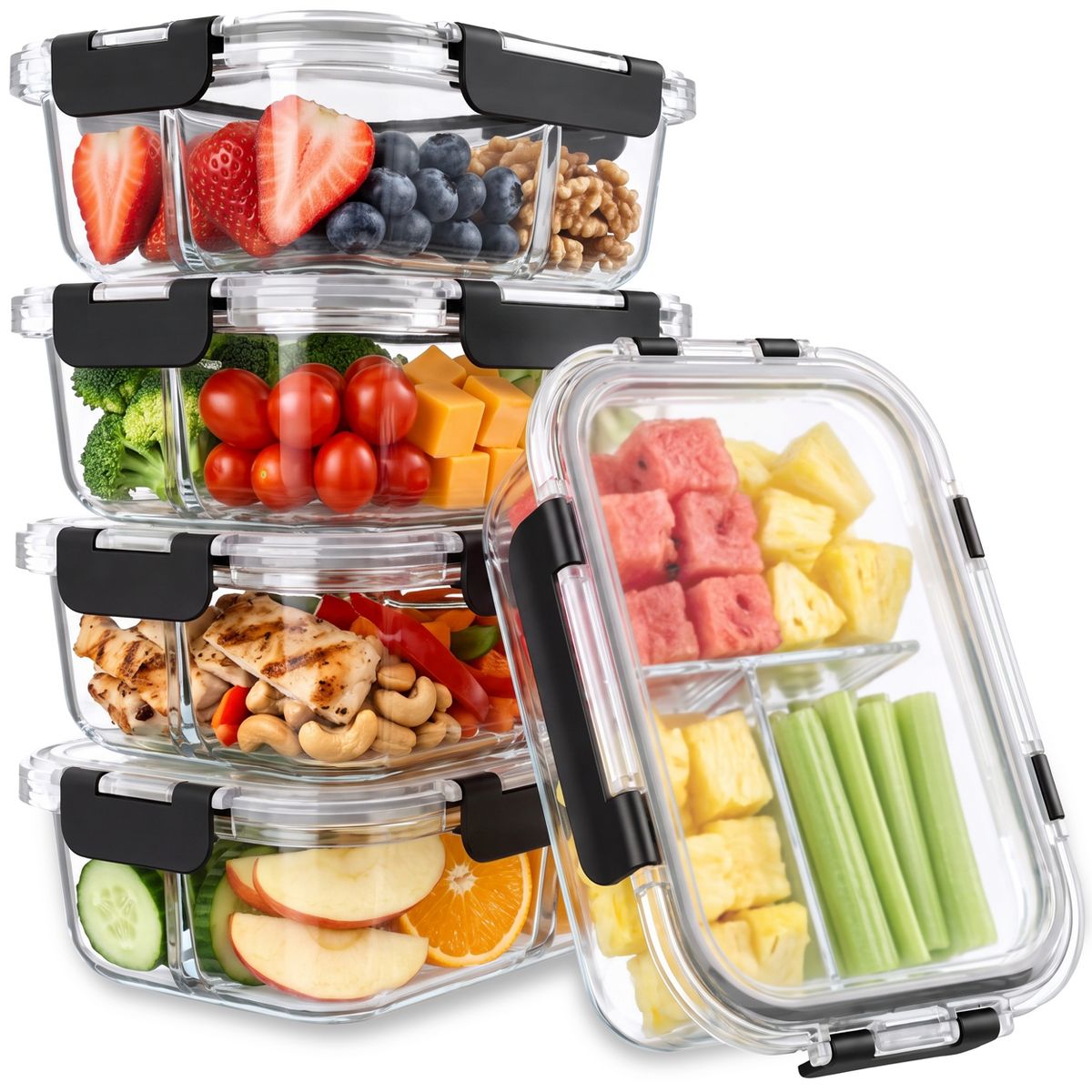 Sorbus 5-Pack 35 oz/1040 mL 3-Compartment Glass Food Storage Containers with Airtight Lids
