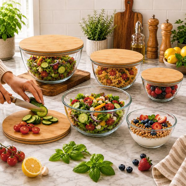 Sorbus Glass Mixing Bowl Set with Bamboo Lids, 3-Piece Airtight Food Storage Bowls, Clear Glass Bowls for Mixing, Serving & Meal Prep