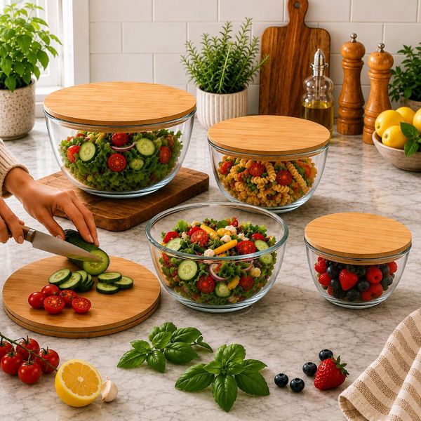 Sorbus 4-Piece Glass Bowl Set with Airtight Bamboo Lids – Nesting Mixing & Storage Bowls, BPA-Free, Microwave, Dishwasher & Freezer Safe