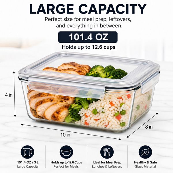 Sorbus Large Glass Food Storage Container with Airtight Locking Lid, 3L / 101 oz Meal Prep Container