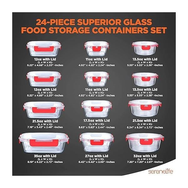 SereneLife 24-Piece Food Glass Storage Containers - Superior Glass Food Storage Set 11 To 35 Oz. Capacity, Red