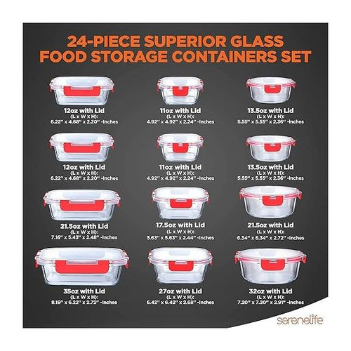 SereneLife 24-Piece Food Glass Storage Containers - Superior Glass Food Storage Set 11 To 35 Oz. Capacity, Red