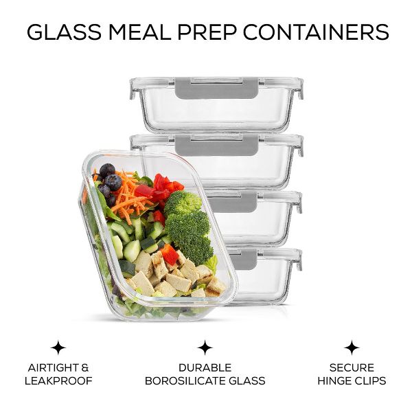 JoyJolt Glass Food Storage Containers with Airtight Lids - Set of 5 - Black