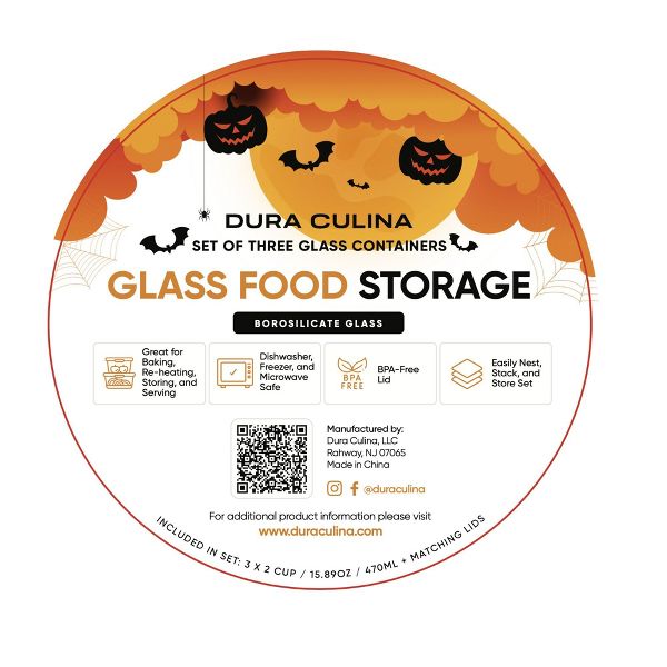 Dura Culina® Halloween Glass Food Round Stackable Storage Sets (2 Cup Size, 3 Containers + 3 Lids)