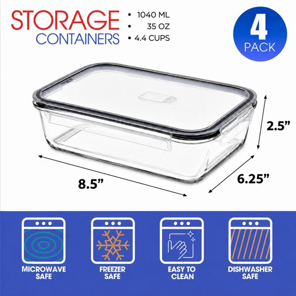 Sorbus 4 Pack 35 oz/1040ml Glass Food Storage Containers with Airtight Leak-Proof Lids