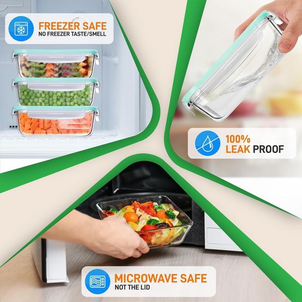 NutriChef 10-Piece Superior Glass Food Storage Containers Set - Stackable, Newly BPA-free Airtight Clear Locking lids with Vent & Green Air Hole
