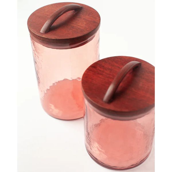 Slickblue Handblown Hammered Pebbled Finish Glass Storage Canister with Lid, Airtight Seal, Medium, Blush