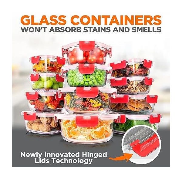 SereneLife 24-Piece Food Glass Storage Containers - Superior Glass Food Storage Set 11 To 35 Oz. Capacity, Red