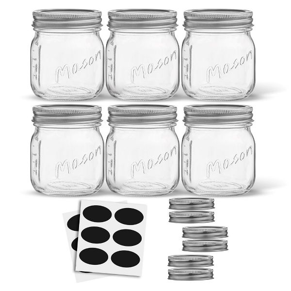 JoyJolt Regular Mason Jars with Airtight Lids, Labels and Measures - 8 oz - Set of 6