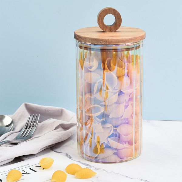 SharpChef 3PC Set Glass Airtight Electroplated Storage Jar with Wooden Acacia Lid, Clear Glass Food Storage Jars, Container, Pantry Organization