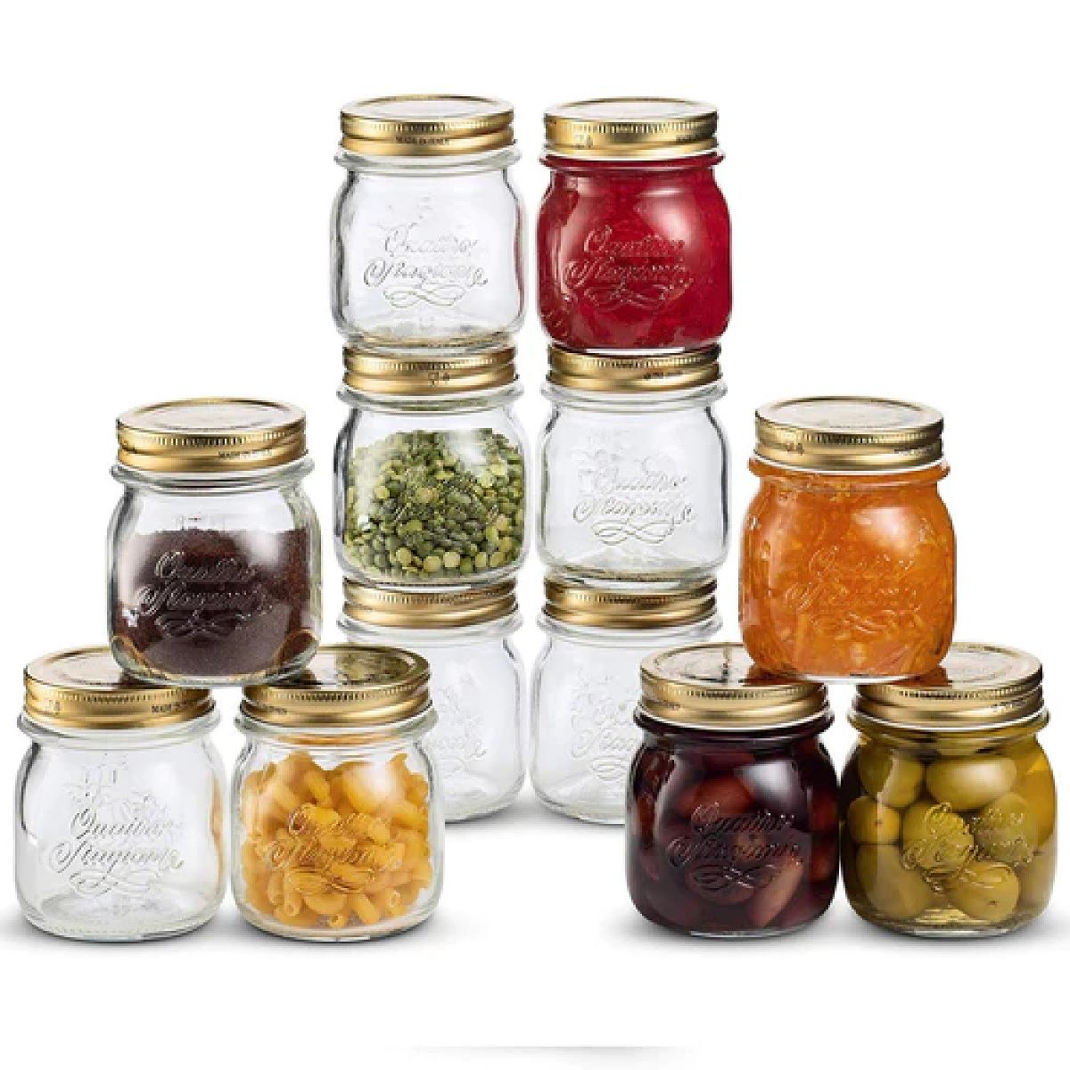 Bormioli Rocco Quattro Stagioni 10.75 oz Glass Preserving Jar Set of 12, Wide‑Mouth Twist‑Top Canister with Airtight Seal, Bee embossed Storage