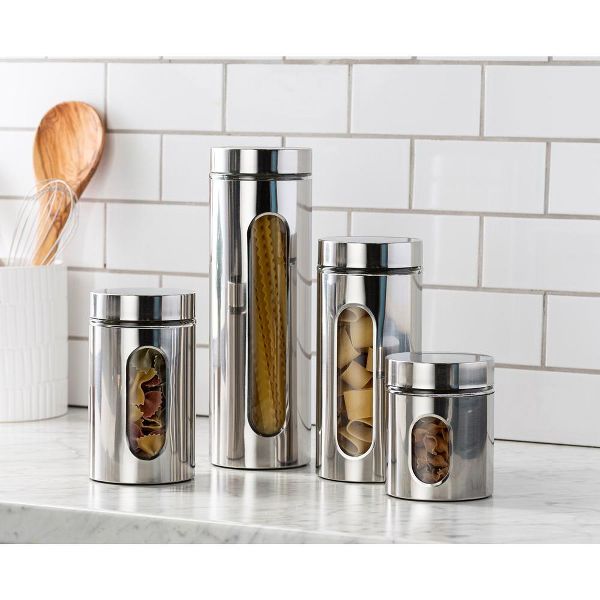 Le'raze 4pc Stainless Steel Canister Set for Kitchen Counter with Glass Window & Airtight Lids