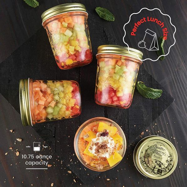 Bormioli Rocco Quattro Stagioni 10.75 oz Glass Preserving Jar Set of 12, Wide‑Mouth Twist‑Top Canister with Airtight Seal, Bee embossed Storage