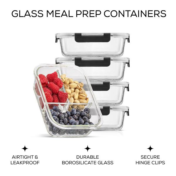 JoyJolt 3-Sectional Divided Food Prep Food Storage Containers with Lids - Set of 5 - Black