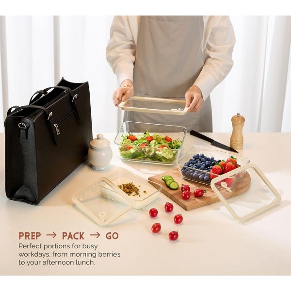 Kook Glass Storage Container Set, with Lids, Rectangular, Clear/Sand, Set of 3, (23.6/50.3/80 oz)