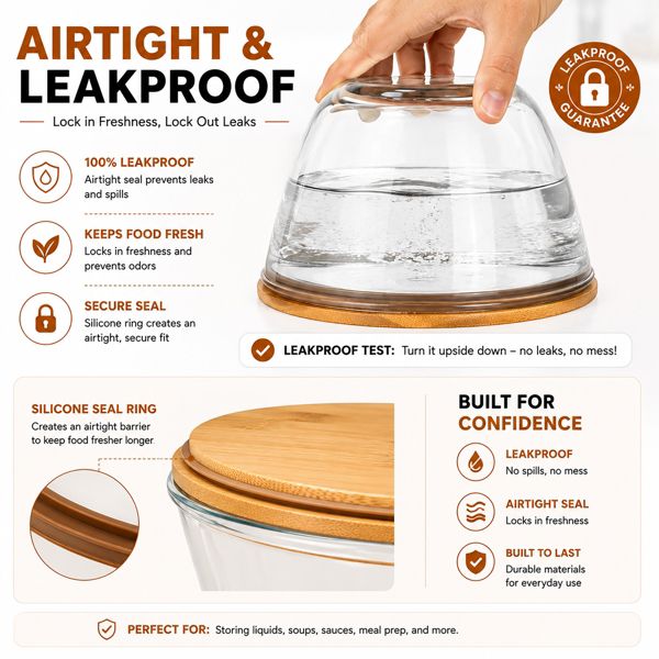 Sorbus Glass Mixing Bowl Set with Bamboo Lids, 3-Piece Airtight Food Storage Bowls, Clear Glass Bowls for Mixing, Serving & Meal Prep