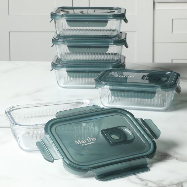 Martha Stewart Shadowbrook 10-Piece Borosilicate Glass Storage Container Set – Airtight Locking Lids, 21.6 oz Lunch Containers