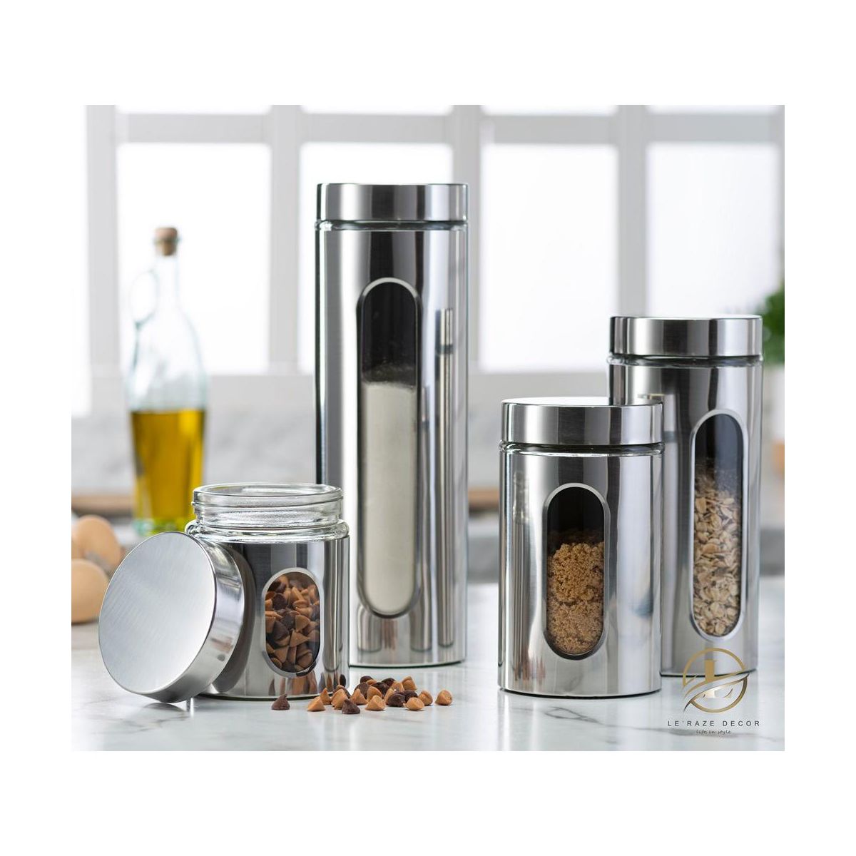 Le'raze 4pc Stainless Steel Canister Set for Kitchen Counter with Glass Window & Airtight Lids