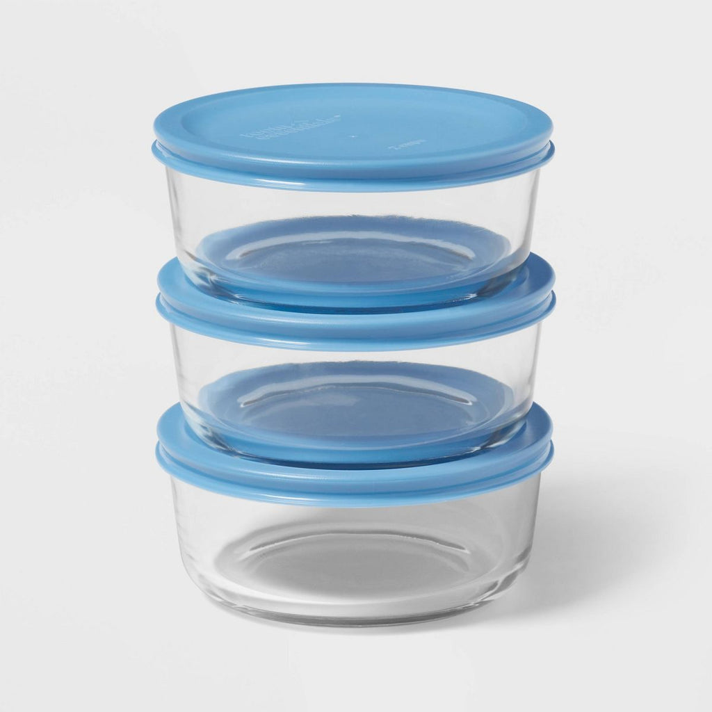 6pc (set of 3) 2c Round Glass Food Storage Container Set Blue - Room Essentials™