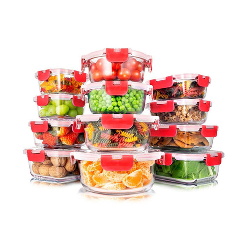 SereneLife 24-Piece Food Glass Storage Containers - Superior Glass Food Storage Set 11 To 35 Oz. Capacity, Red