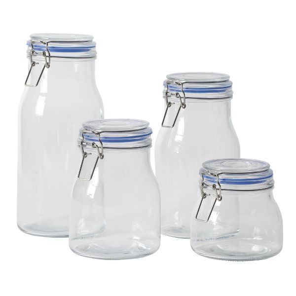Sur La Table Lyon Court 4-Piece Glass Canister Set, Food Storage with Airtight Trigger Clamp Lids – 71 oz, 54 oz, 37 oz & 22.5 oz, Dishwasher Safe