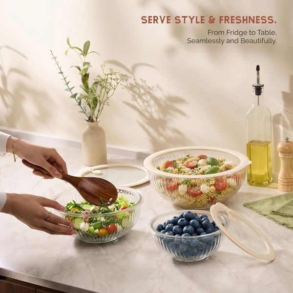 Vase & Vessel Glass Mixing Bowls with Glass Lids, Non-Toxic, Set of 3