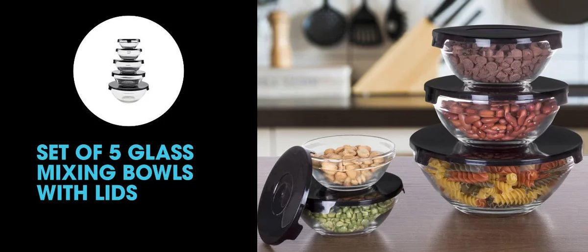 Glass Food Storage Containers with Snap Lids- 10 Piece Set with Multiple Bowl Sizes for Storage, Meal Prep, Mixing and Serving (Black)
