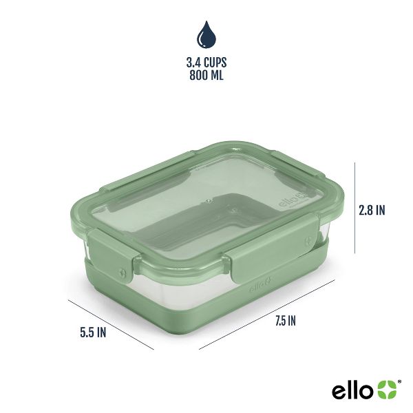Ello 4pc 3.4c Glass Refresh Food Storage Container Set Green: Meal Prep, Locking Lids, Oven & Microwave Safe