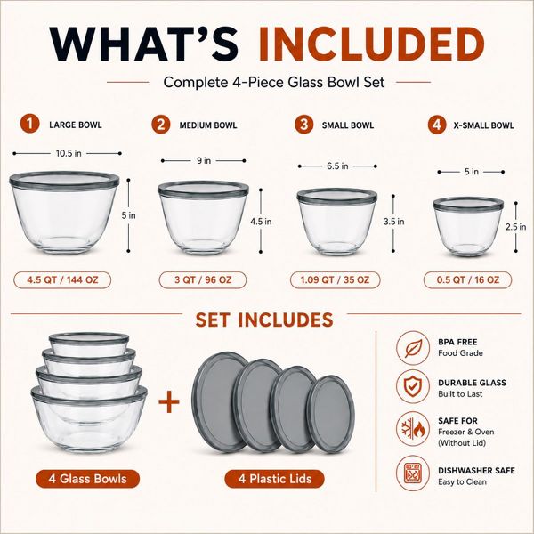 Sorbus 4-Piece Glass Bowl Set with Airtight Plastic Lids – Nesting Mixing & Storage Bowls, BPA-Free, Microwave, Dishwasher & Freezer Safe
