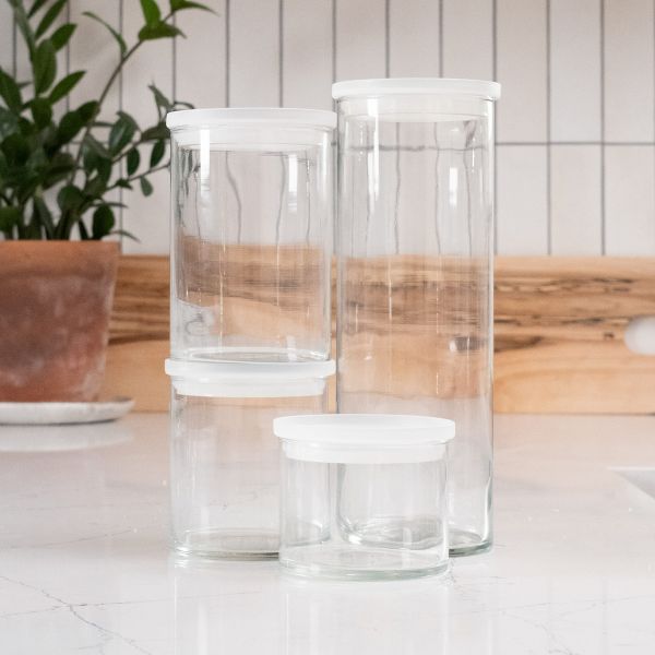 Libbey Stacking Cylinder 4 Piece Assorted Glass Jar Set with Lids
