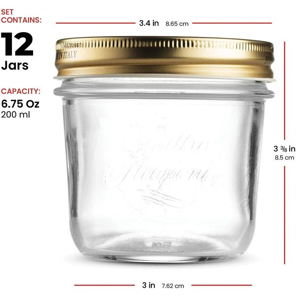 Bormioli Rocco Quattro Stagioni 10.75 oz Glass Preserving Jar Set of 12, Wide‑Mouth Twist‑Top Canister with Airtight Seal, Bee embossed Storage