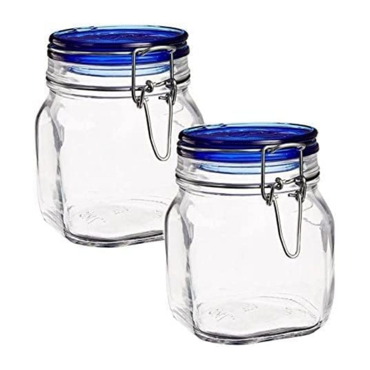 Bormioli Rocco Fido Glass Canning Jars, Airtight Storage Containers with Blue Lids – 50.75 oz Clamp Lock Canisters – Italian Made Glass (Set of 2)
