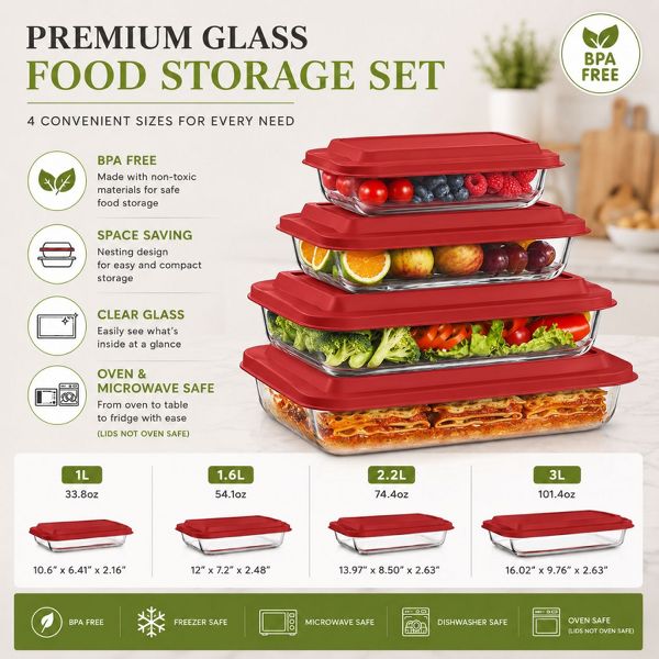 Sorbus 8-Piece Deep Glass Baking Dish Set with Lids - Versatile, Durable, Oven-Safe, & Dishwasher-Safe for Easy Baking, Storing, & Serving