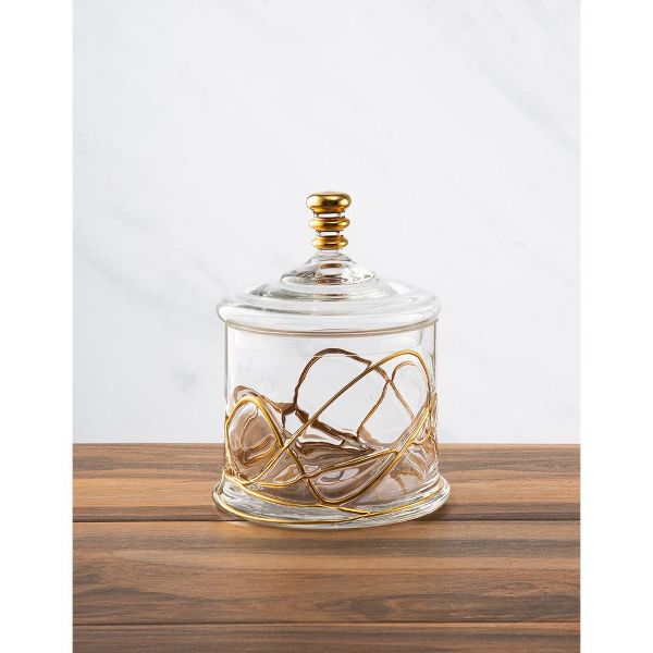 Classic Touch Small Vivid Glass 50 OZ Canister Jar With Lid - 14K Gold Swirl Design